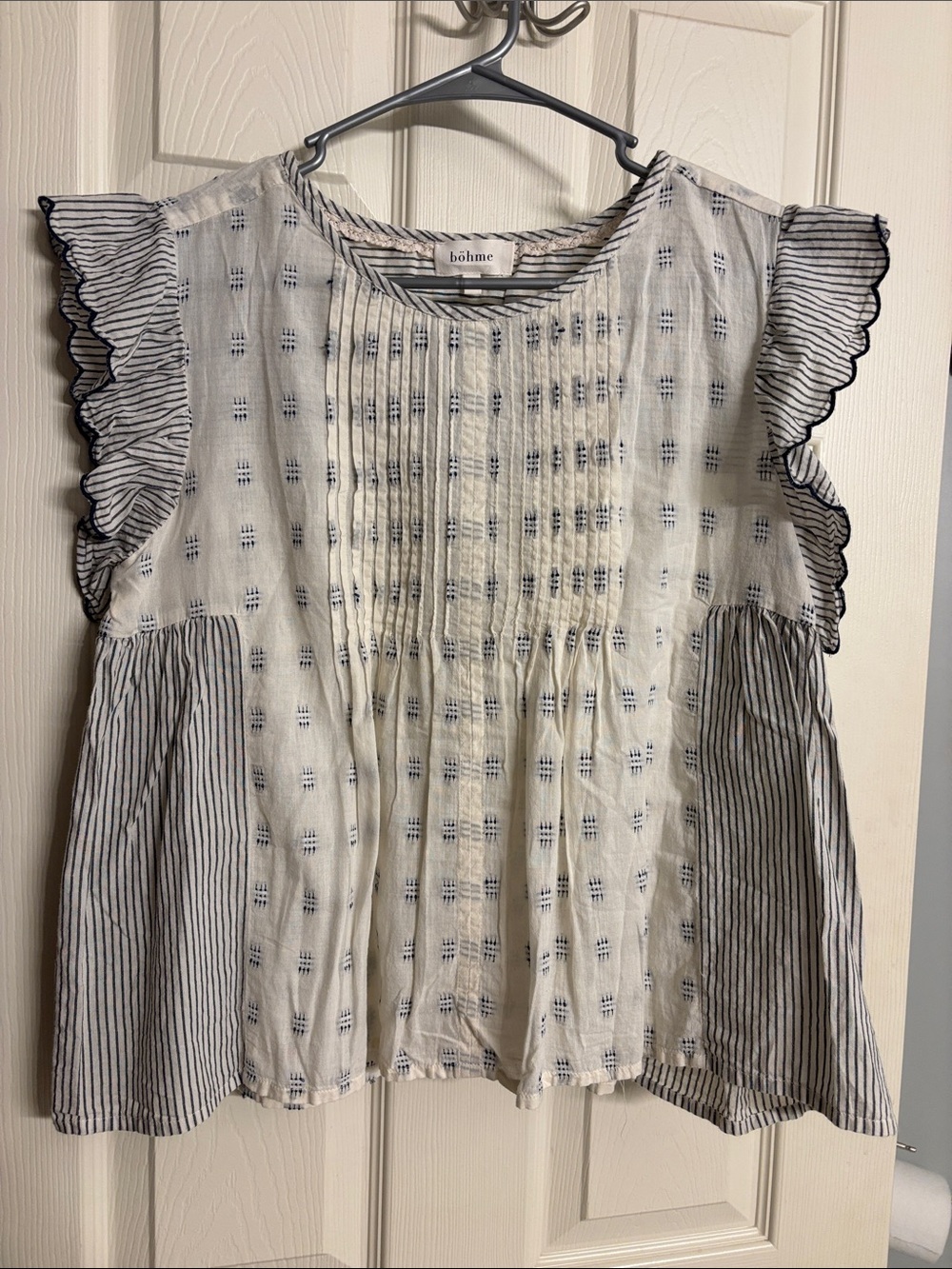 Bohme Blue & White Flutter Sleeve Blouse